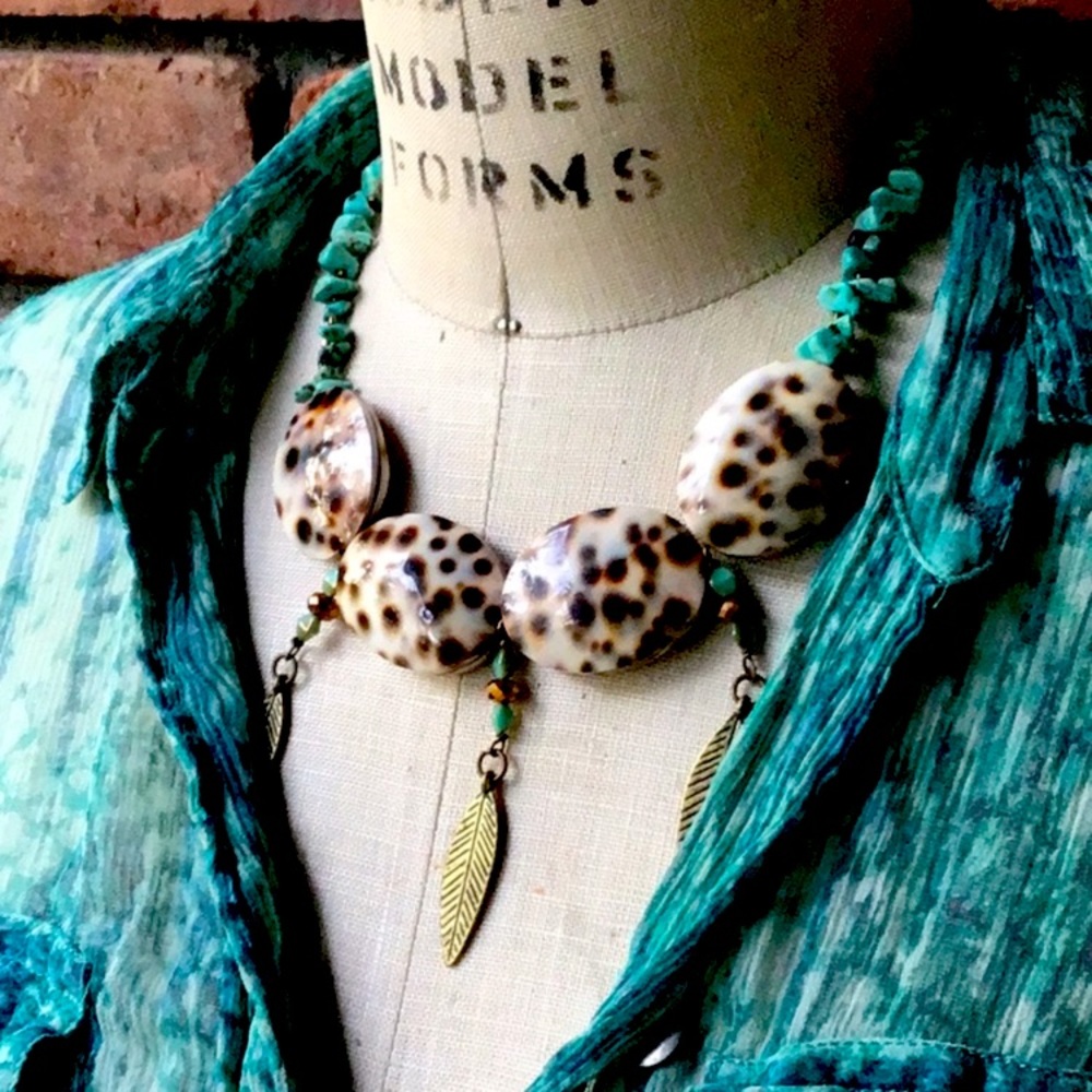 Handmade “The Four Cowries” Turquoise Shell Statement Necklace